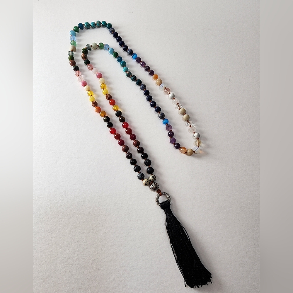 NECKLACE - LONG MULTICOLORED NATURAL STONE BEADS WITH TASSEL HANDMADE  NWOT